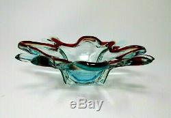 Vintage Murano Art Glass Ocean Blue & Red Centerpiece Bowl Mid-Century Modern