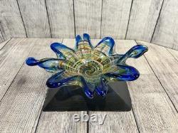 Vintage Murano Art Glass Star Bowl Blue Multicolor Inlay Hand Blown Italy MCM