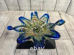 Vintage Murano Art Glass Star Bowl Blue Multicolor Inlay Hand Blown Italy MCM