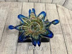Vintage Murano Art Glass Star Bowl Blue Multicolor Inlay Hand Blown Italy MCM