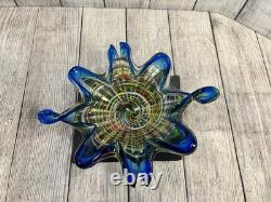 Vintage Murano Art Glass Star Bowl Blue Multicolor Inlay Hand Blown Italy MCM