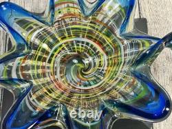 Vintage Murano Art Glass Star Bowl Blue Multicolor Inlay Hand Blown Italy MCM