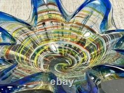 Vintage Murano Art Glass Star Bowl Blue Multicolor Inlay Hand Blown Italy MCM