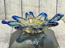Vintage Murano Art Glass Star Bowl Blue Multicolor Inlay Hand Blown Italy MCM