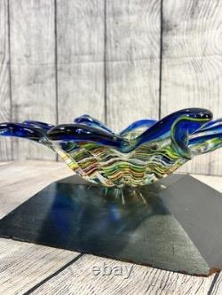 Vintage Murano Art Glass Star Bowl Blue Multicolor Inlay Hand Blown Italy MCM