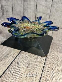 Vintage Murano Art Glass Star Bowl Blue Multicolor Inlay Hand Blown Italy MCM