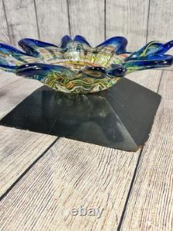Vintage Murano Art Glass Star Bowl Blue Multicolor Inlay Hand Blown Italy MCM