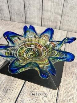 Vintage Murano Art Glass Star Bowl Blue Multicolor Inlay Hand Blown Italy MCM