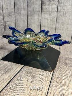 Vintage Murano Art Glass Star Bowl Blue Multicolor Inlay Hand Blown Italy MCM