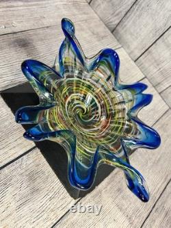 Vintage Murano Art Glass Star Bowl Blue Multicolor Inlay Hand Blown Italy MCM