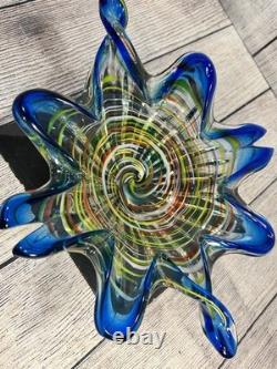 Vintage Murano Art Glass Star Bowl Blue Multicolor Inlay Hand Blown Italy MCM
