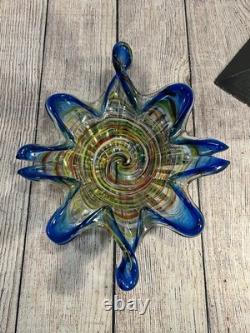 Vintage Murano Art Glass Star Bowl Blue Multicolor Inlay Hand Blown Italy MCM