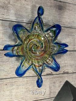 Vintage Murano Art Glass Star Bowl Blue Multicolor Inlay Hand Blown Italy MCM