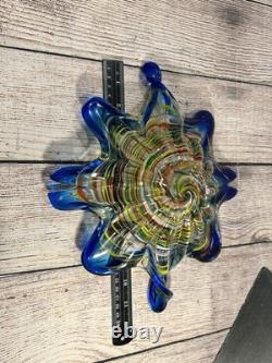 Vintage Murano Art Glass Star Bowl Blue Multicolor Inlay Hand Blown Italy MCM