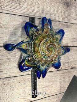 Vintage Murano Art Glass Star Bowl Blue Multicolor Inlay Hand Blown Italy MCM