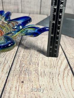Vintage Murano Art Glass Star Bowl Blue Multicolor Inlay Hand Blown Italy MCM