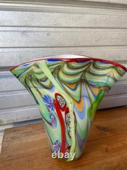 Vintage Murano Art Glass Vase Green Millefiori Style Swirl Hand Blown 11 Tall