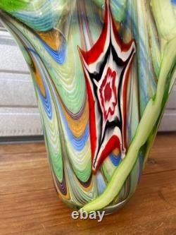 Vintage Murano Art Glass Vase Green Millefiori Style Swirl Hand Blown 11 Tall