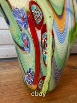 Vintage Murano Art Glass Vase Green Millefiori Style Swirl Hand Blown 11 Tall