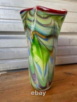Vintage Murano Art Glass Vase Green Millefiori Style Swirl Hand Blown 11 Tall