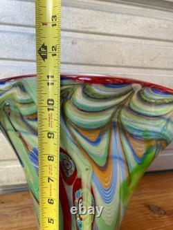 Vintage Murano Art Glass Vase Green Millefiori Style Swirl Hand Blown 11 Tall