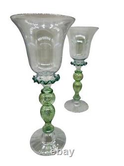 Vintage Murano Art Glass Wine Goblets Hand Blown Glass Green Gold Venetian Pair