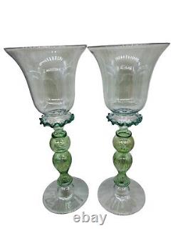 Vintage Murano Art Glass Wine Goblets Hand Blown Glass Green Gold Venetian Pair