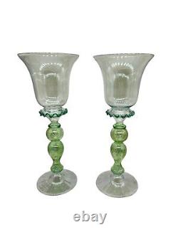 Vintage Murano Art Glass Wine Goblets Hand Blown Glass Green Gold Venetian Pair