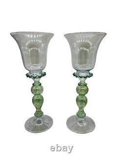 Vintage Murano Art Glass Wine Goblets Hand Blown Glass Green Gold Venetian Pair