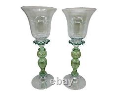 Vintage Murano Art Glass Wine Goblets Hand Blown Glass Green Gold Venetian Pair