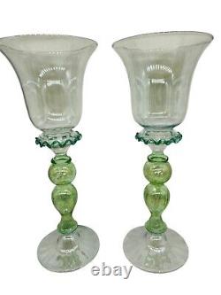 Vintage Murano Art Glass Wine Goblets Hand Blown Glass Green Gold Venetian Pair