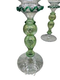 Vintage Murano Art Glass Wine Goblets Hand Blown Glass Green Gold Venetian Pair