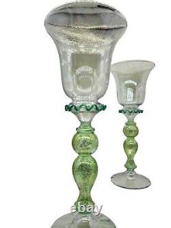 Vintage Murano Art Glass Wine Goblets Hand Blown Glass Green Gold Venetian Pair