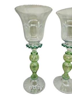 Vintage Murano Art Glass Wine Goblets Hand Blown Glass Green Gold Venetian Pair