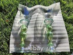 Vintage Murano Art Glass Wine Goblets Hand Blown Glass Green Gold Venetian Pair