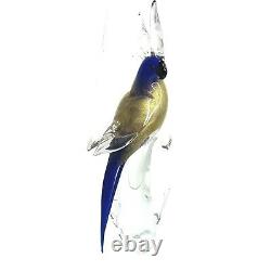Vintage Murano Blown Art Glass Cobalt Blue And Gold Parrot Bird Sculpture