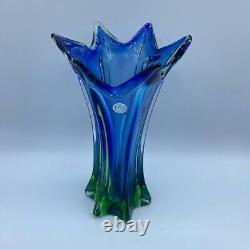 Vintage Murano Blue And Green Hand Blown Glass Art Vase Made in Italy