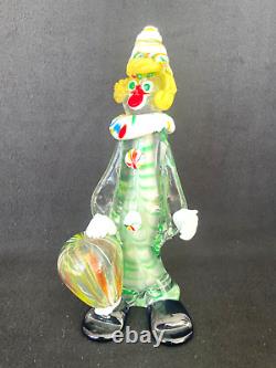 Vintage Murano Clown Bongo Player, Blown Glass Sculpture, 11, Rare, Mint