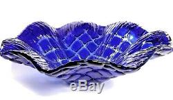 Vintage Murano Cobalt Blue Quilted Cut To Clear Art Glass Bowl Centerpiece