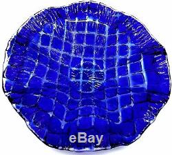 Vintage Murano Cobalt Blue Quilted Cut To Clear Art Glass Bowl Centerpiece