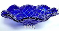 Vintage Murano Cobalt Blue Quilted Cut To Clear Art Glass Bowl Centerpiece