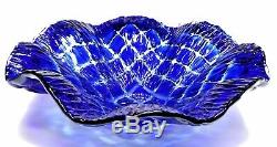 Vintage Murano Cobalt Blue Quilted Cut To Clear Art Glass Bowl Centerpiece