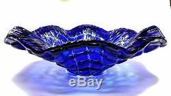 Vintage Murano Cobalt Blue Quilted Cut To Clear Art Glass Bowl Centerpiece