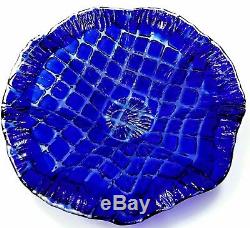 Vintage Murano Cobalt Blue Quilted Cut To Clear Art Glass Bowl Centerpiece