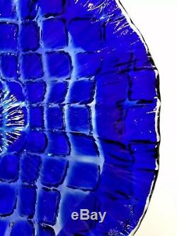 Vintage Murano Cobalt Blue Quilted Cut To Clear Art Glass Bowl Centerpiece