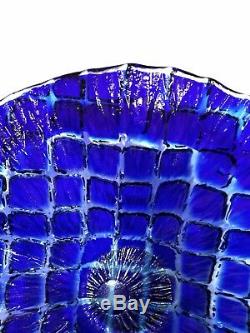 Vintage Murano Cobalt Blue Quilted Cut To Clear Art Glass Bowl Centerpiece