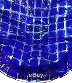 Vintage Murano Cobalt Blue Quilted Cut To Clear Art Glass Bowl Centerpiece