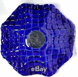 Vintage Murano Cobalt Blue Quilted Cut To Clear Art Glass Bowl Centerpiece