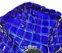 Vintage Murano Cobalt Blue Quilted Cut To Clear Art Glass Bowl Centerpiece