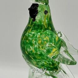 Vintage Murano Cockatoo Art Glass Figurine Green Yellow Clear Hand Blown